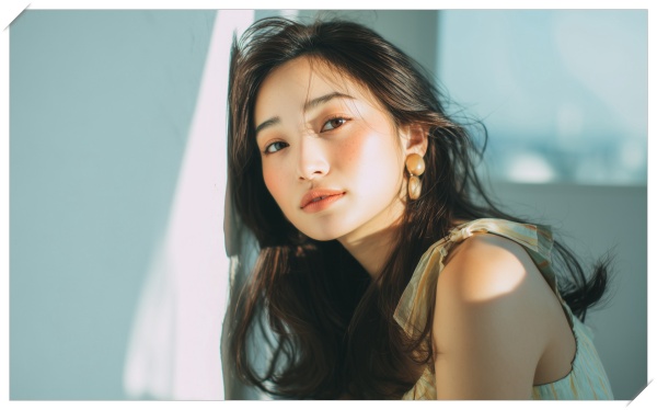 壁に寄り添うロングヘアーの女性